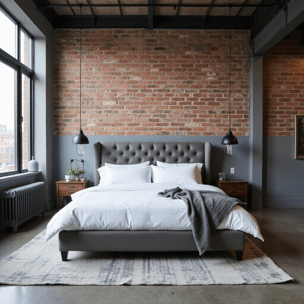 Industrial chic loft bedroom with exposed brick walls in warm gray, featuring a queen bed with a gray leather headboard, black metal and glass pendant lights, polished concrete floors with vintage rugs, and black steel-framed windows, all captured from an elevated position.