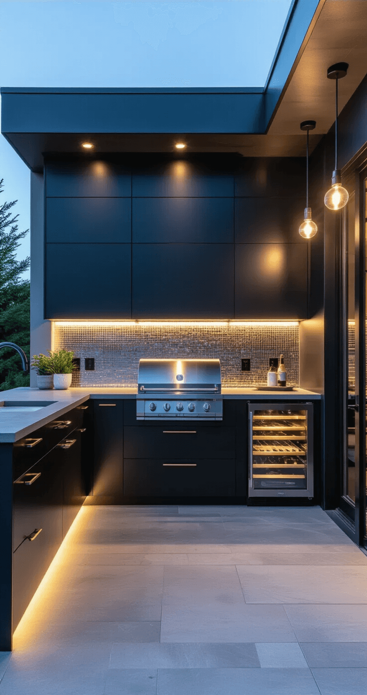 An intimate blue hour scene of a modern minimalist deck kitchen featuring sleek black cabinets, a built-in grill, warm white LED lighting, and a monochromatic grey palette with brass accents.