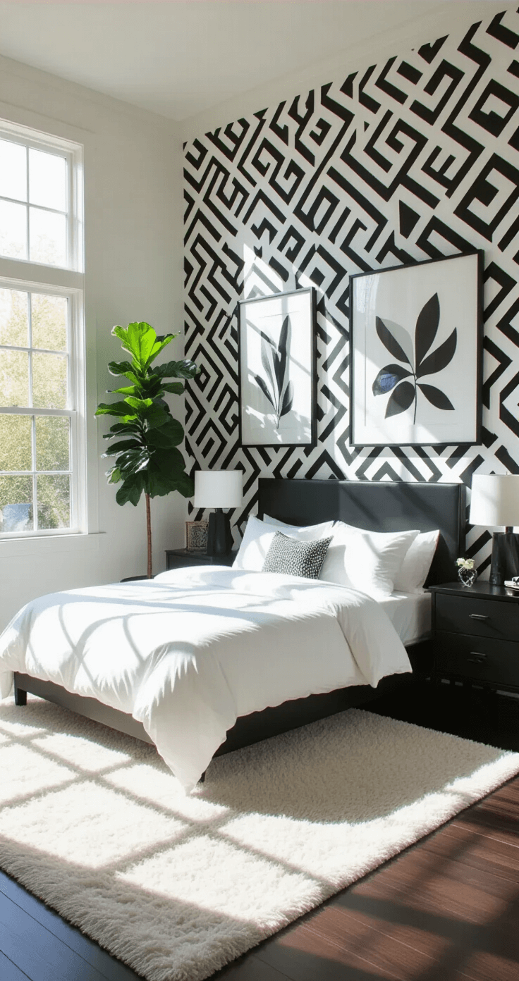 A modern 12x14 ft bedroom with a king-size bed, white linens, black nightstands, and geometric wallpaper, illuminated by early morning sunlight, featuring hardwood floors, a plush area rug, a gallery wall, and a fiddle leaf fig plant in the corner.