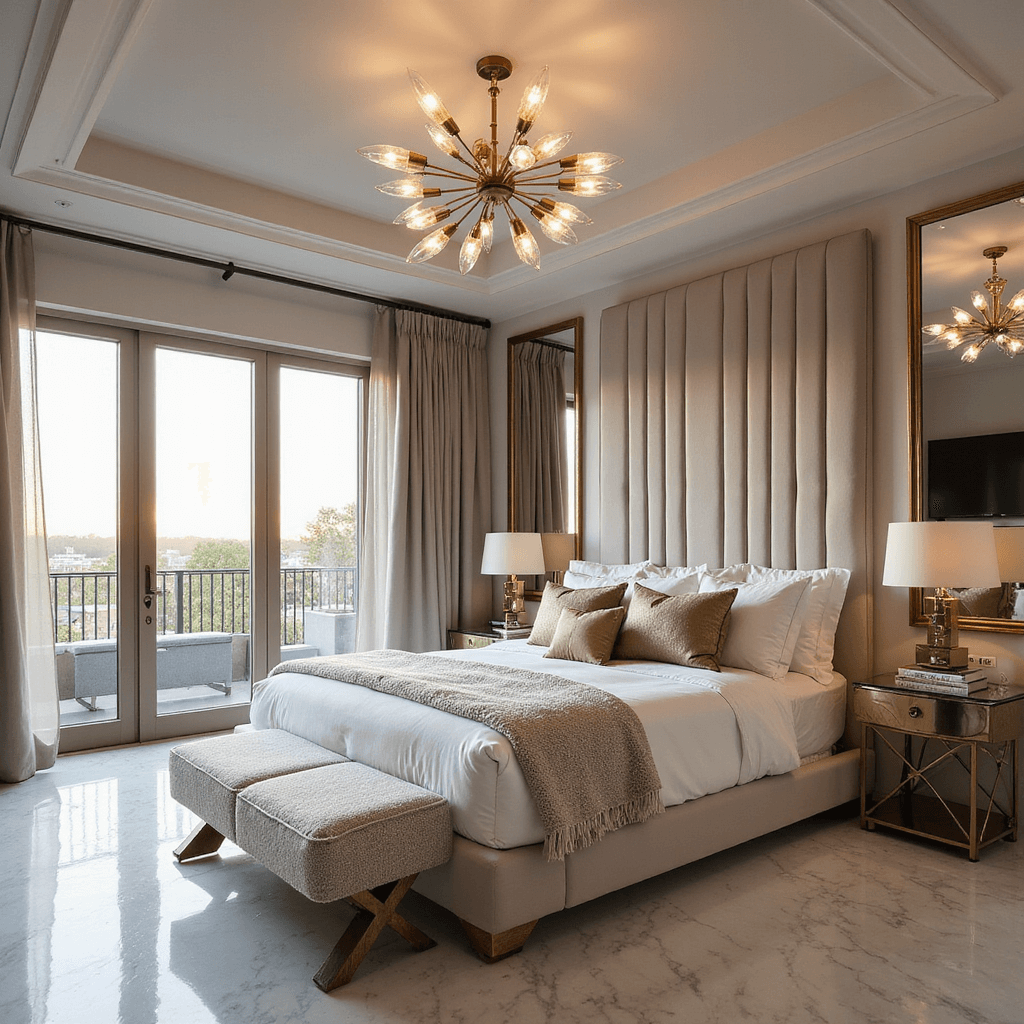 Modern luxury master suite featuring a king-size platform bed with a channeled velvet headboard, dramatic brass chandelier, and white marble floors, captured during golden hour with warm ambient lighting and floor-to-ceiling windows.