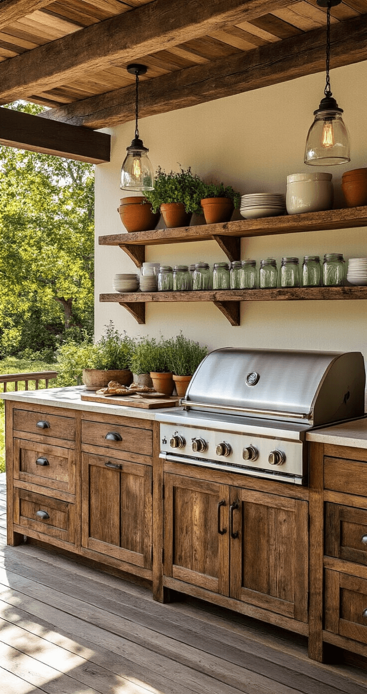 A sunlit rustic farmhouse deck kitchen featuring reclaimed barn wood cabinets, a professional-grade grill station, and vibrant herb pots, all framed by a distressed wooden pergola and accented with mason jar pendant lights.