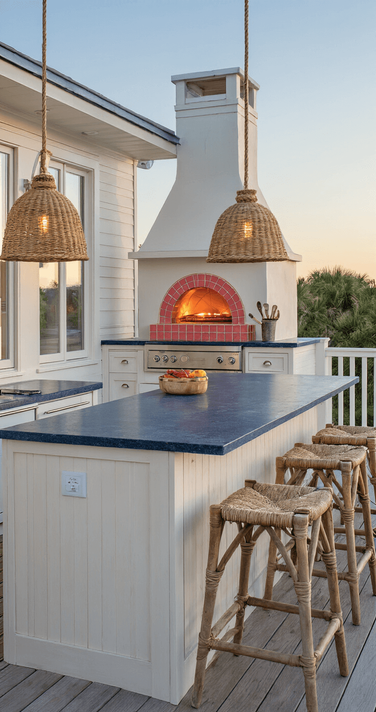 A sophisticated coastal kitchen on a deck at sunset, featuring white-washed cedar cabinetry, navy blue granite countertops, and a built-in pizza oven with coral tile. Rope-wrapped pendant lights illuminate brushed nickel fixtures, while weathered teak bar stools line the eat-in counter. The soft cream and ocean blue color palette, complemented by copper accents, creates a warm and inviting atmosphere.