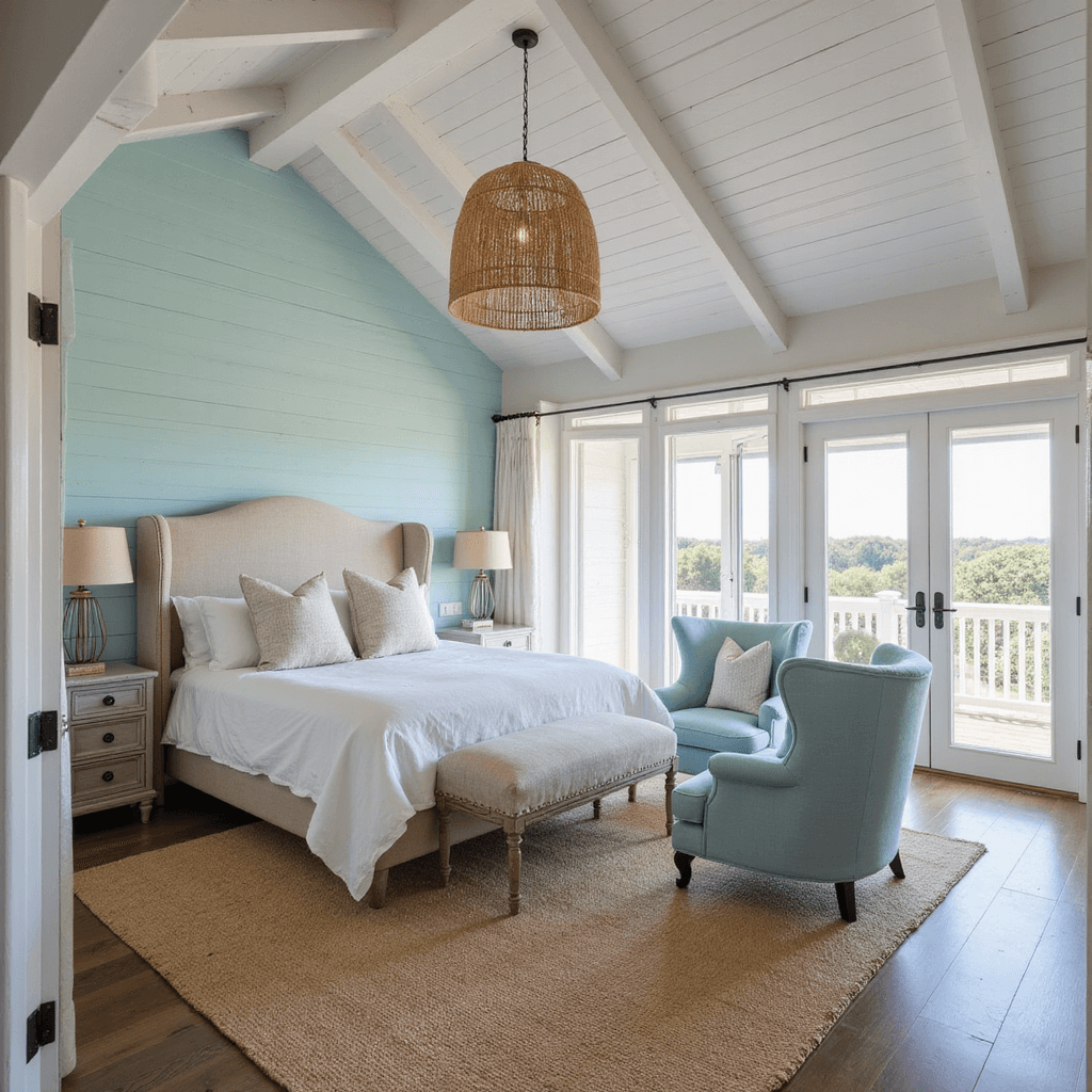 Spacious coastal retreat bedroom featuring a whitewashed vaulted ceiling, a California king bed against a pale aqua shiplap wall, and oversized linen-upholstered wingback headboard. Natural light streams through French doors onto a balcony, illuminating a jute rug and slipcovered bergère chairs in coastal blue.