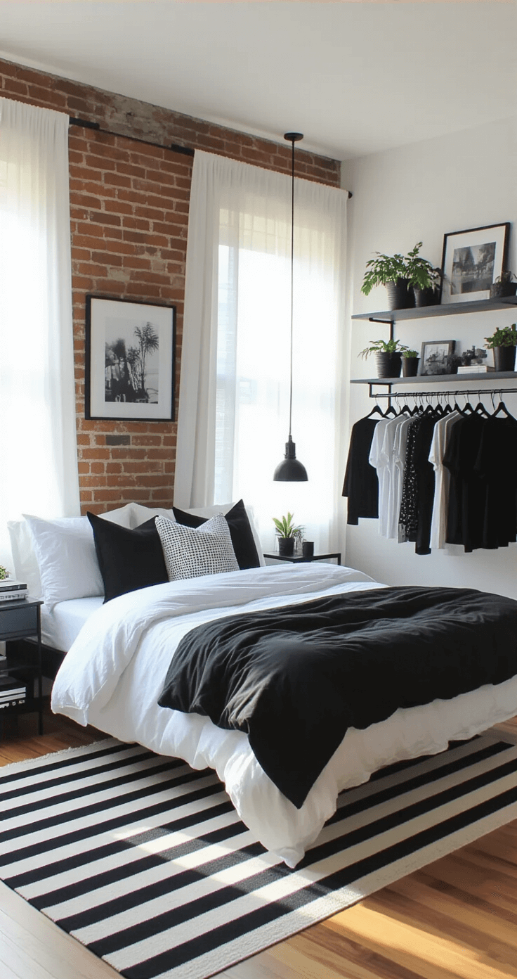 A cozy bedroom featuring white-painted exposed brick walls, a queen-size bed with a mix of white and black bedding, and textured gray pillows. The space is illuminated by warm golden hour light filtering through sheer curtains. A black metal clothing rack displays monochrome outfits, while floating black shelves hold small plants and black and white photos. A bold black and white striped rug covers the floor, and the camera angle is from a low position at the foot of the bed.