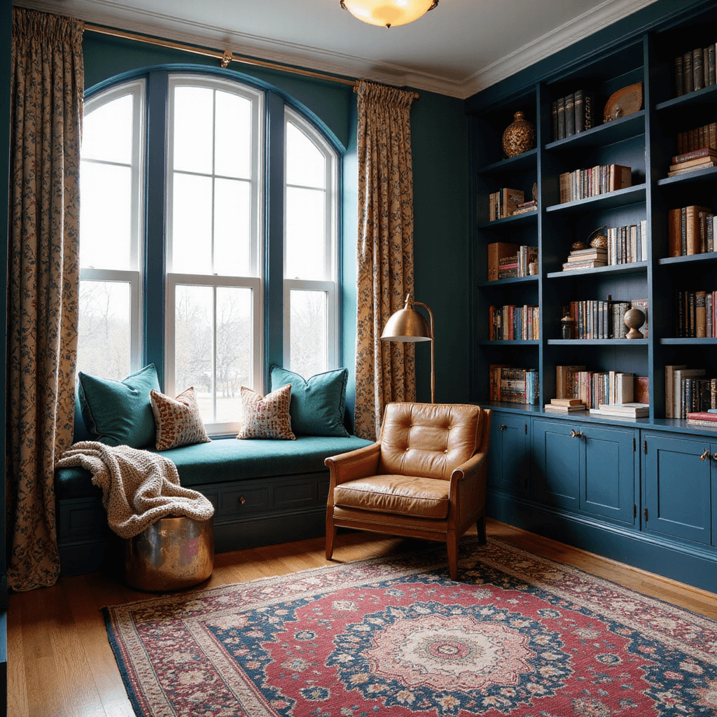 Cozy reading nook in a 20x22ft bedroom with emerald velvet window seat, brass floor lamp, vintage leather club chair, and deep navy built-in bookshelves, all illuminated by afternoon light through 9ft arched windows. Layered Persian rugs and a metallic pouf add rich textures.