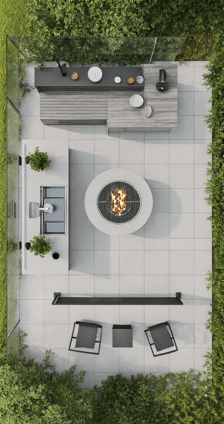 A contemporary outdoor kitchen oasis featuring geometric concrete tiles, a circular island grill station, frameless glass windbreaks, and minimalist floating steel shelves, all in cool greys and whites with matte black fixtures and emerald plants. Shot from an overhead drone perspective during midday.