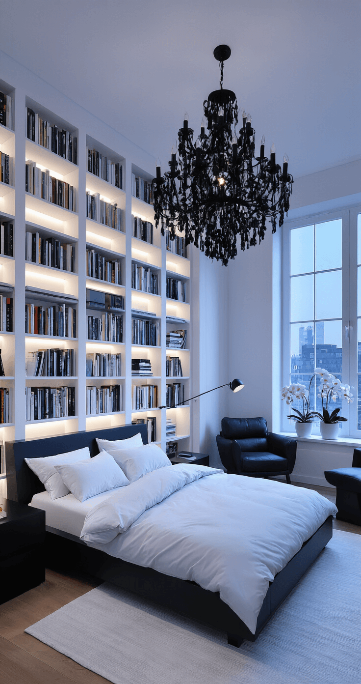 An urban loft-style bedroom with high ceilings and floor-to-ceiling windows, illuminated by twilight's blue glow. It features a low platform bed with black frame and white bedding, minimalist black side tables, a dramatic black chandelier, and a wall of color-coordinated bookshelves. A black leather armchair sits in a reading nook, with potted white orchids adding elegance throughout. The atmospheric lighting creates a sophisticated and serene mood.