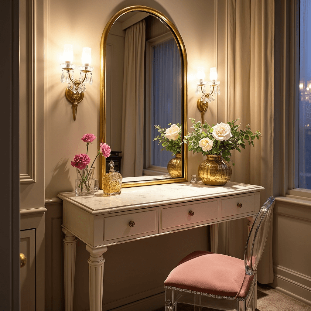 Intimate Art Deco-inspired bedroom corner featuring a cream lacquer vanity with brass accents, a gilded mirror, and a ghost chair with a blush velvet cushion, styled with vintage perfume bottles and fresh flowers, illuminated by crystal sconces at dusk.