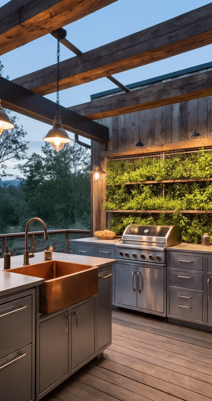 Cozy farmhouse-industrial deck kitchen at dusk, featuring galvanized metal cabinets, rough-hewn wooden beams, vintage pendant lights, a hammered copper sink, and a wood-fired grill surrounded by vertical herb gardens. Warm metals harmonize with cool greys and natural wood tones, highlighting an inviting gathering space and functional work zones.