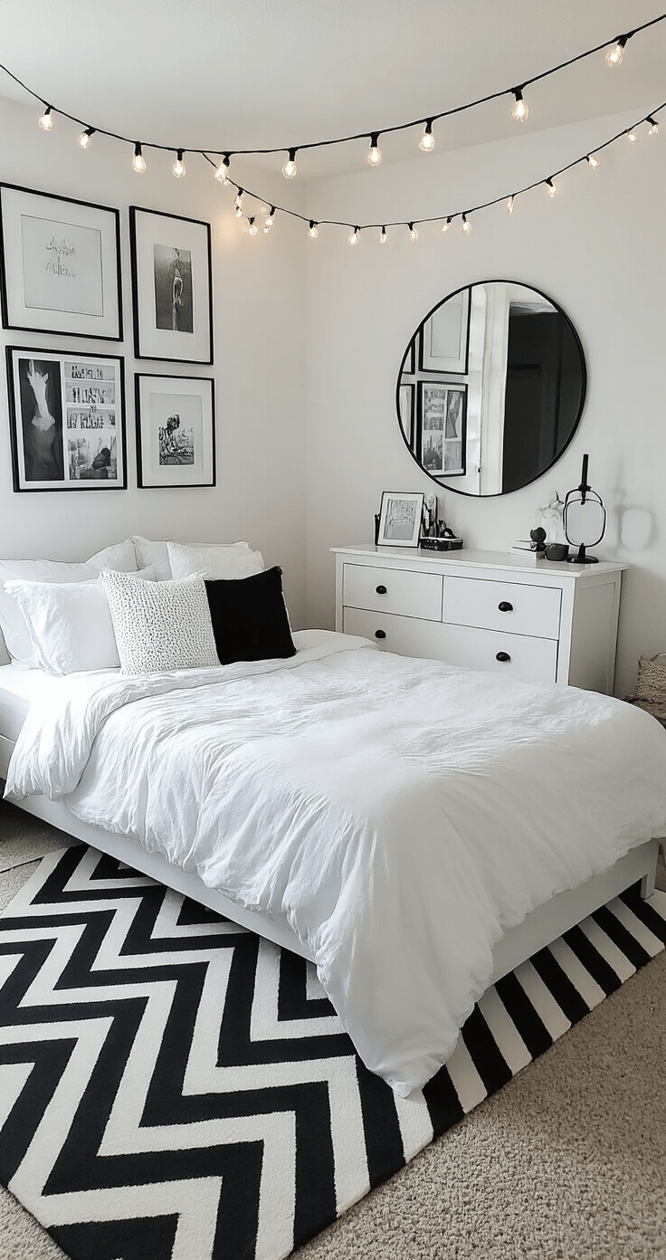 A bright, monochrome bedroom featuring a full-size bed dressed in white linens and black pillows, a black and white gallery wall, a white dresser with a round black mirror, and string lights overhead, all set on a black and white chevron rug.