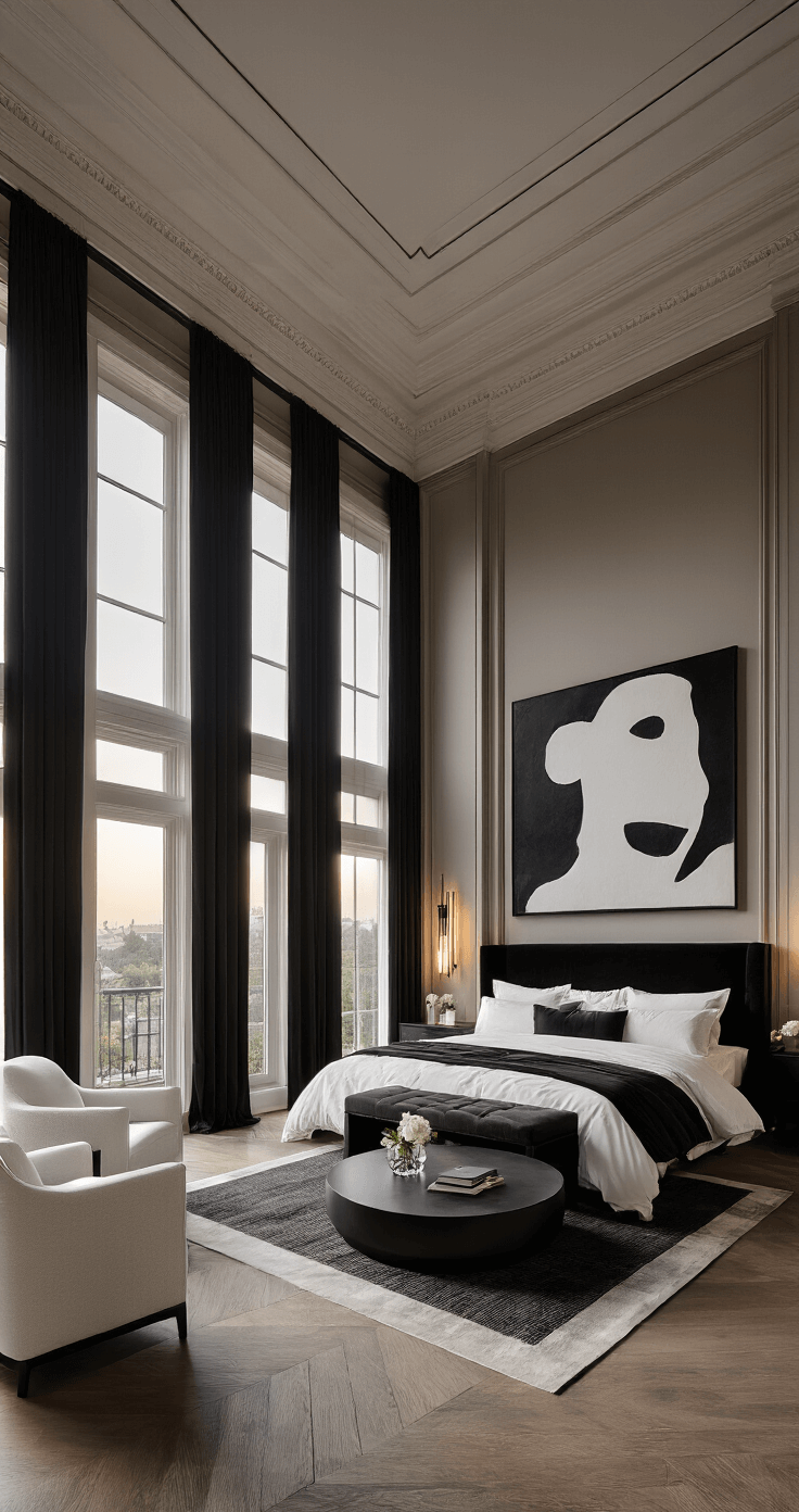 A luxurious master bedroom featuring a California king bed with a black velvet headboard, surrounded by elegant nightstands, black curtains, and a seating area, all illuminated by warm dimmable sconces and accent lighting, creating an atmosphere of elegance and sophistication.