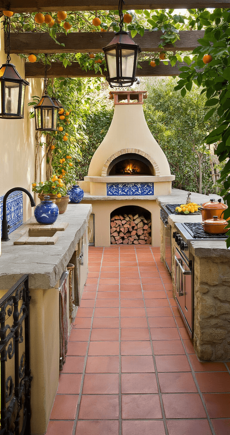 Elevated view of a Mediterranean-inspired deck kitchen featuring terracotta tile flooring, curved stone countertops, a wood-burning pizza oven with a hand-painted ceramic tile surround, wrought iron light fixtures, and vibrant accents of cobalt blue tiles and copper cookware, surrounded by climbing vines and citrus trees, emphasizing indoor-outdoor flow and entertainment potential.