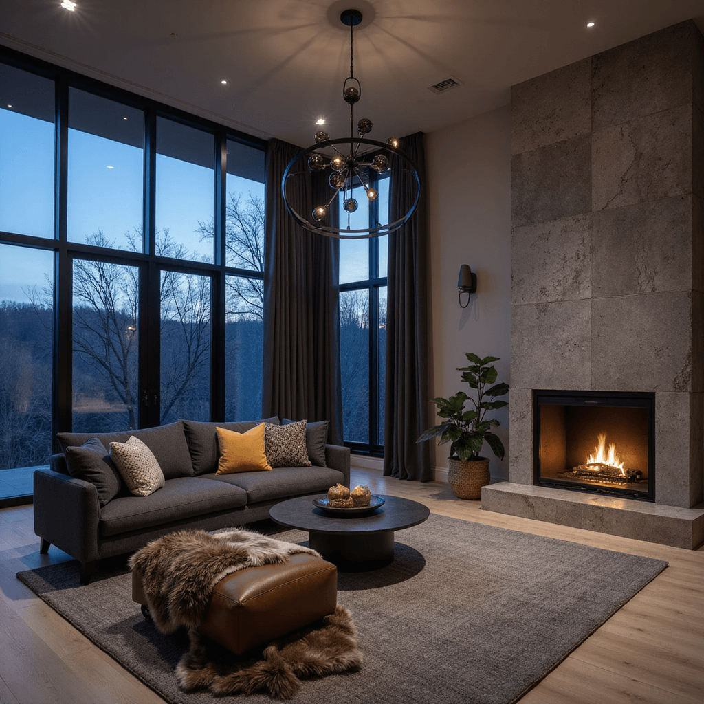 A contemporary seating suite in a primary bedroom, featuring a charcoal bouclé sectional facing a limestone fireplace, with a minimalist black metal chandelier above, dramatic floor-to-ceiling windows with automated sheers, and a cozy ambiance enhanced by moody lighting and layered textures like a wool carpet and faux fur throws.