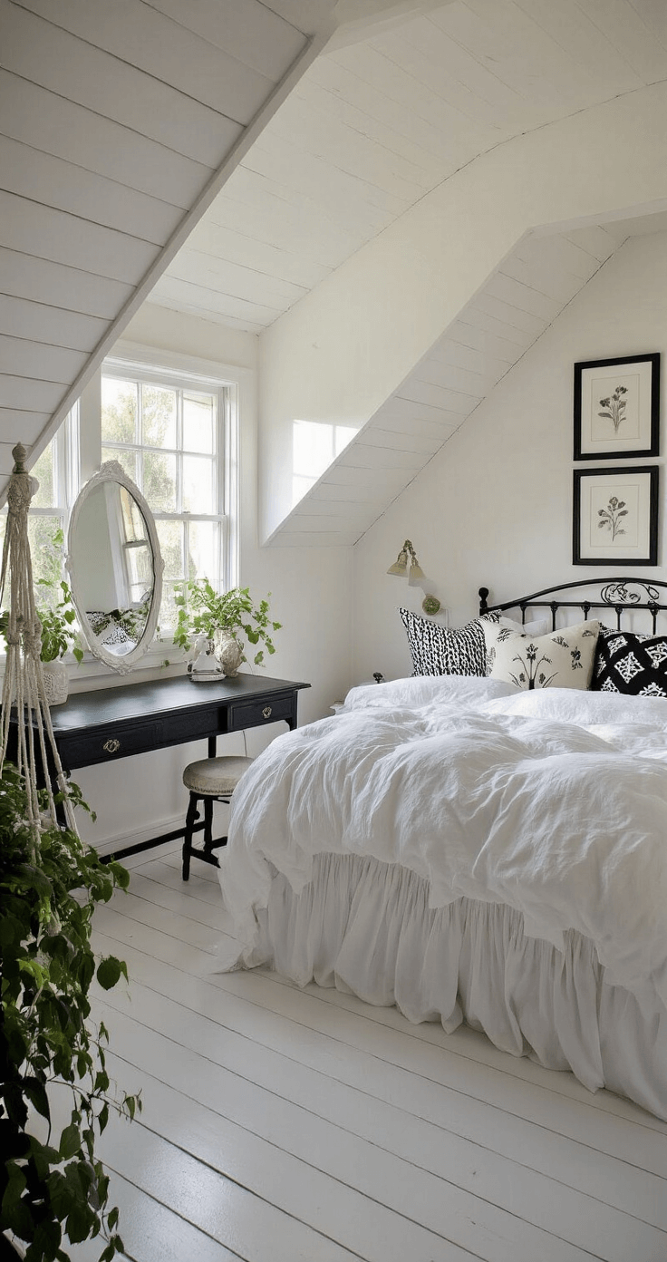 Cozy guest bedroom with slanted ceilings, wrought-iron bed, vintage desk, and hanging plants, warmed by evening light and decorated with botanical prints.
