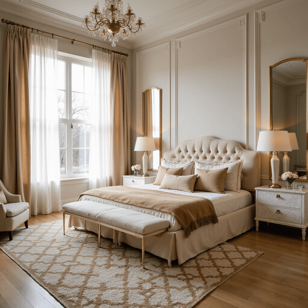 Beige Bedroom Ideas: Transform Your Space with Timeless Elegance A luxurious master bedroom with a tufted cream velvet king bed, layered beige linens, oversized brass-framed mirrors, and a plush Moroccan wool rug, captured at golden hour with natural backlighting, featuring soaring ivory walls and coffered ceilings.