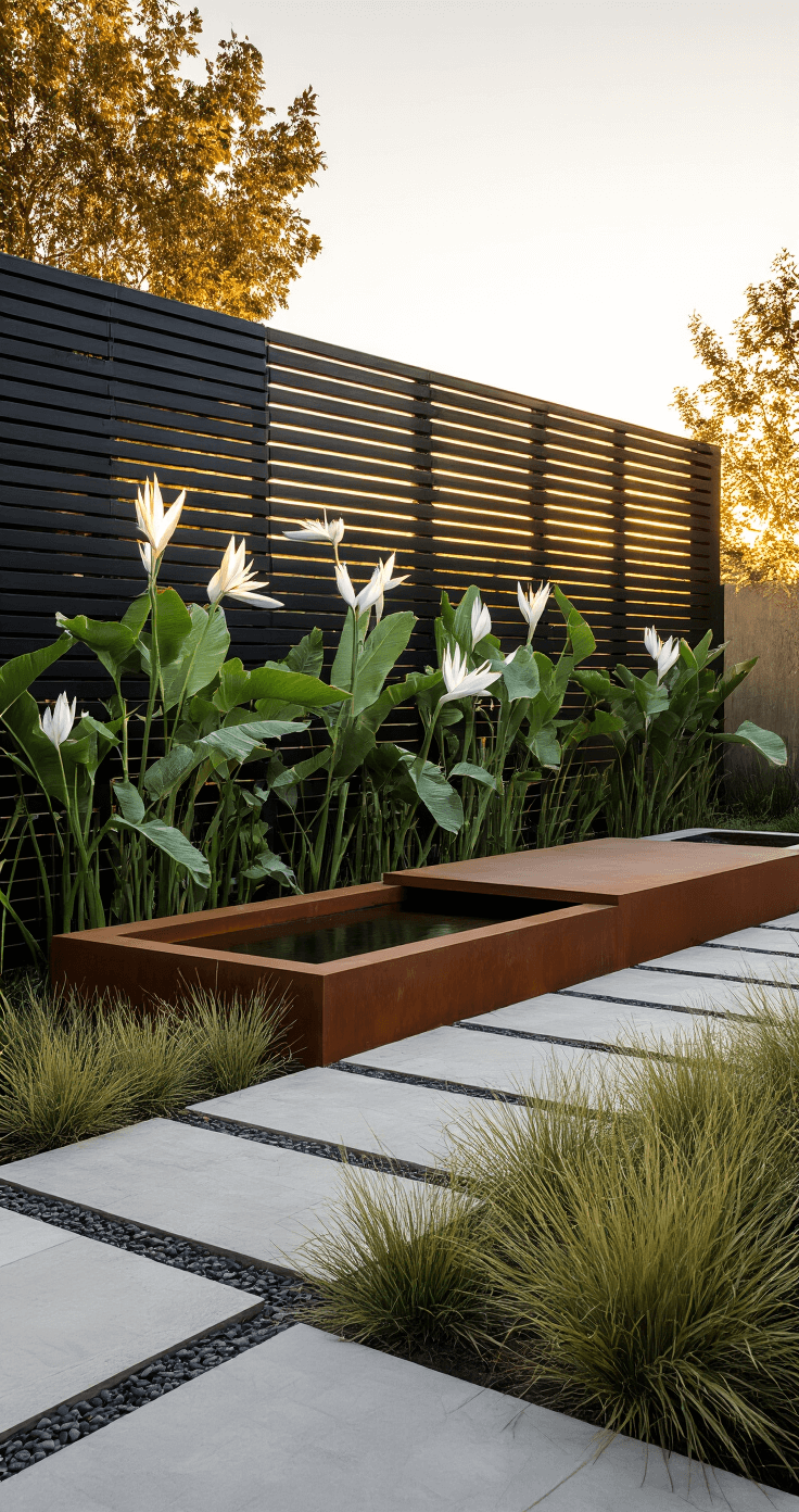 A modern garden sanctuary features a matte black horizontal-slatted fence towering at 8ft, framing sculptural white bird of paradise plants. In the foreground, a curved Corten steel water feature enhances the serenity of the space, while natural stone pavers wind through drought-resistant grasses. Captured at ground level during golden hour, warm sunset lighting casts dramatic shadows, creating a sophisticated architectural mood.