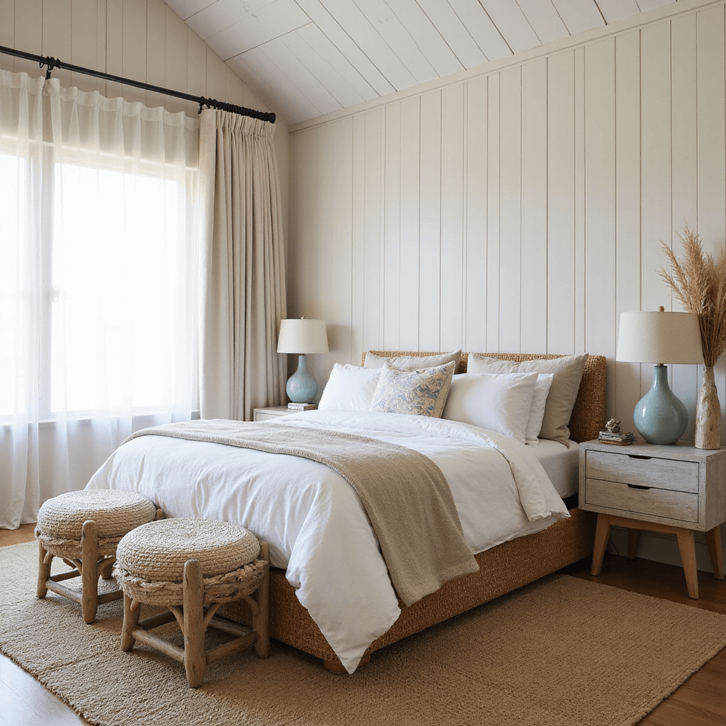 Beige Bedroom Ideas: Transform Your Space with Timeless Elegance A 12x14ft coastal bedroom featuring shiplap walls in warm sand, a natural rattan bed with cloud-like coconut milk white and dune beige bedding, weathered driftwood side tables with seafoam ceramic lamps, layered jute and wool rugs, and decorative woven baskets with pampas grass, all illuminated by diffused morning light through sheer linen curtains.