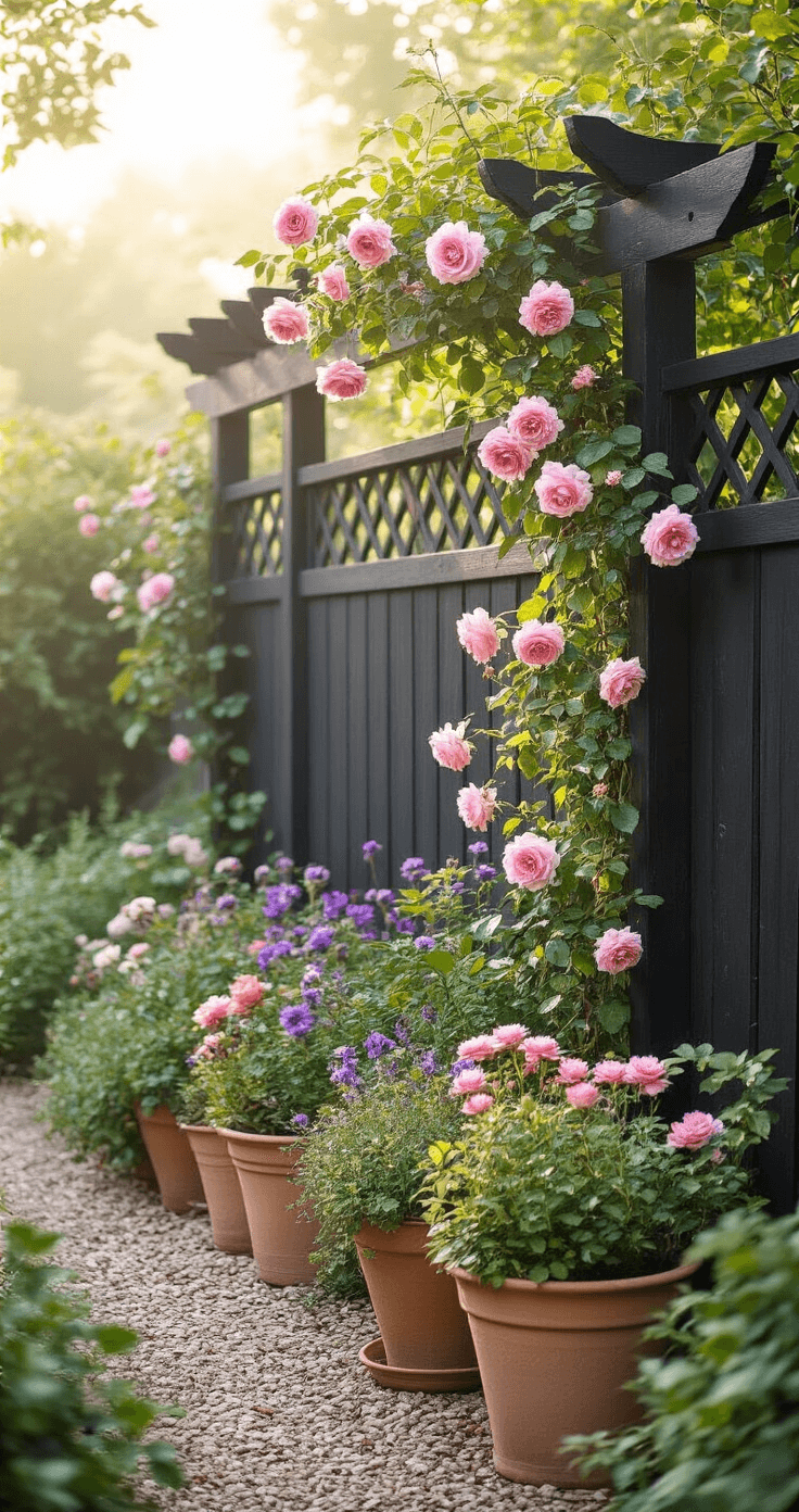 A charming cottage garden in morning light, featuring climbing pink roses and purple clematis against a black-painted timber fence, surrounded by overflowing terra cotta containers of perennials, with soft mist creating a romantic, nostalgic atmosphere.