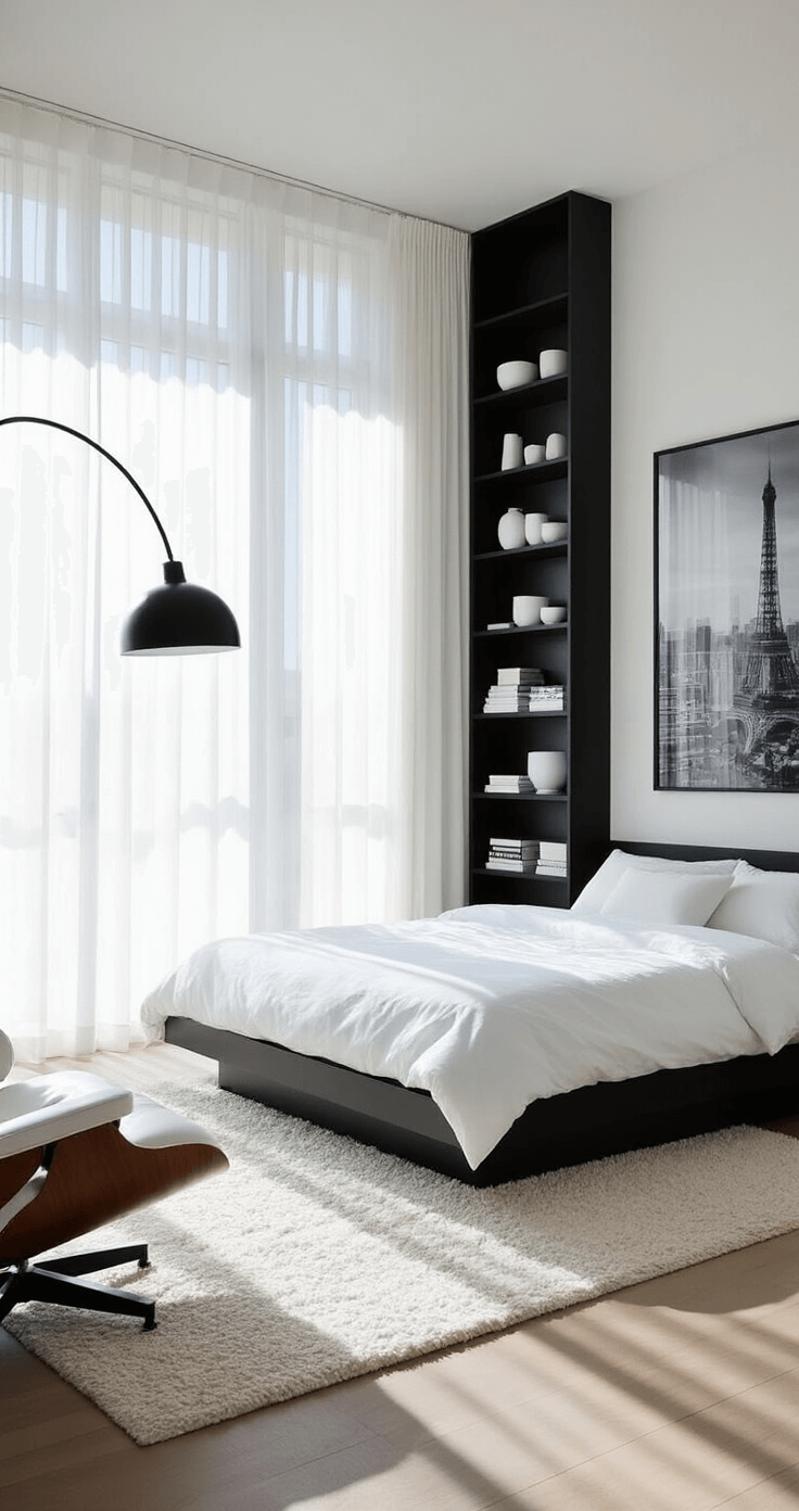 A modern minimalist bedroom featuring a black platform bed and crisp white bedding, bright sunlight through sheer curtains, built-in black shelving with white ceramics, an Eames lounge chair, and a large black and white cityscape photograph.