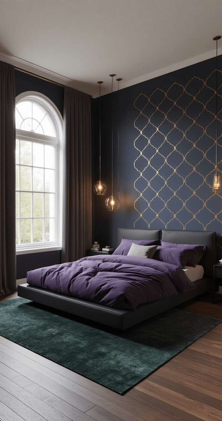A contemporary bedroom with charcoal walls and a navy accent wall featuring gold geometric wallpaper, a black platform bed with deep purple and gray bedding, dimmable pendant lights, an arched window with blackout curtains, a dark green area rug, and minimal brass accents, all illuminated by soft evening light.