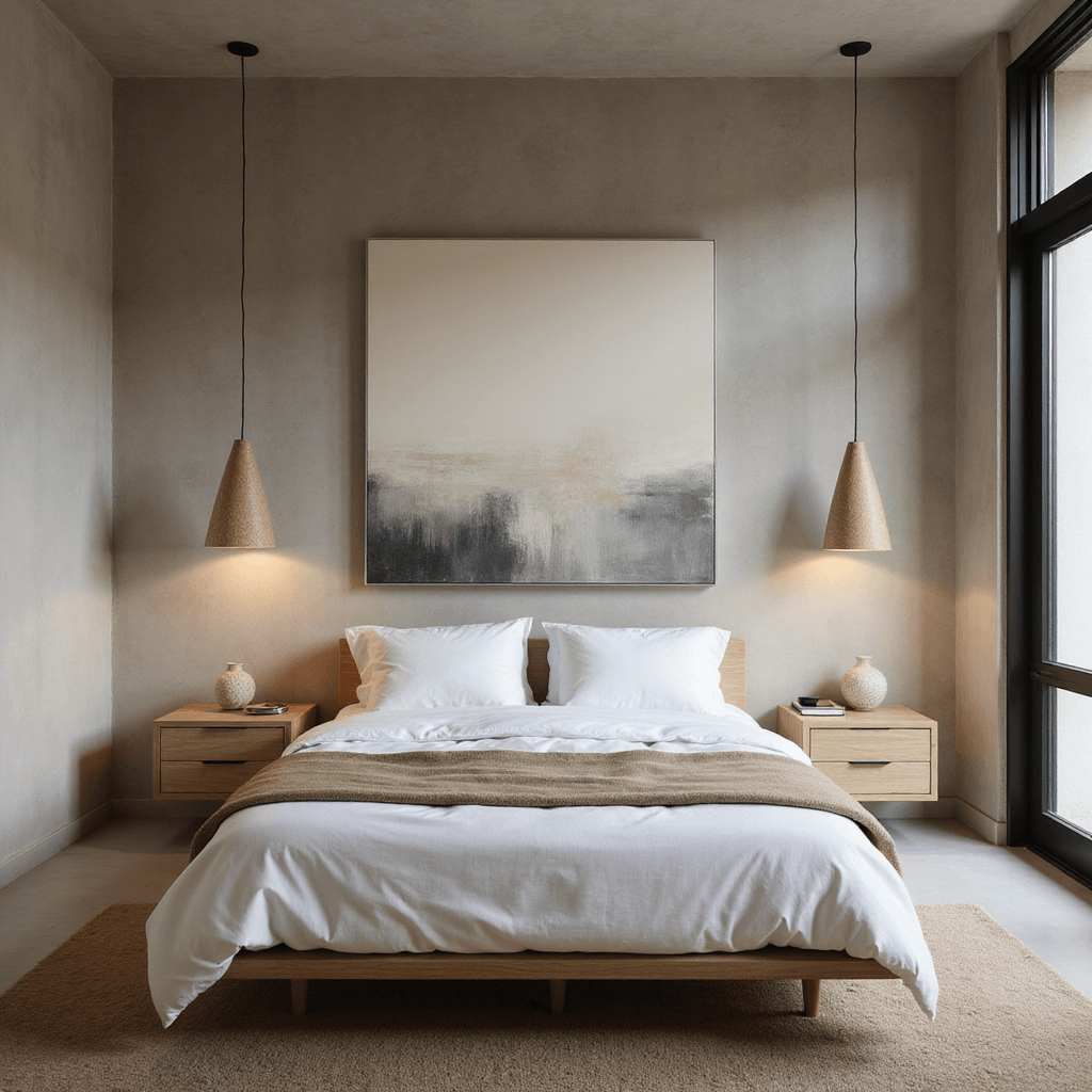 Beige Bedroom Ideas: Transform Your Space with Timeless Elegance Serene minimalist bedroom at twilight featuring greige Venetian plaster walls, a bleached oak platform bed with white and oatmeal linens, oversized abstract canvas, handcrafted ceramic pendant lights, and a warm mushroom plush carpet.