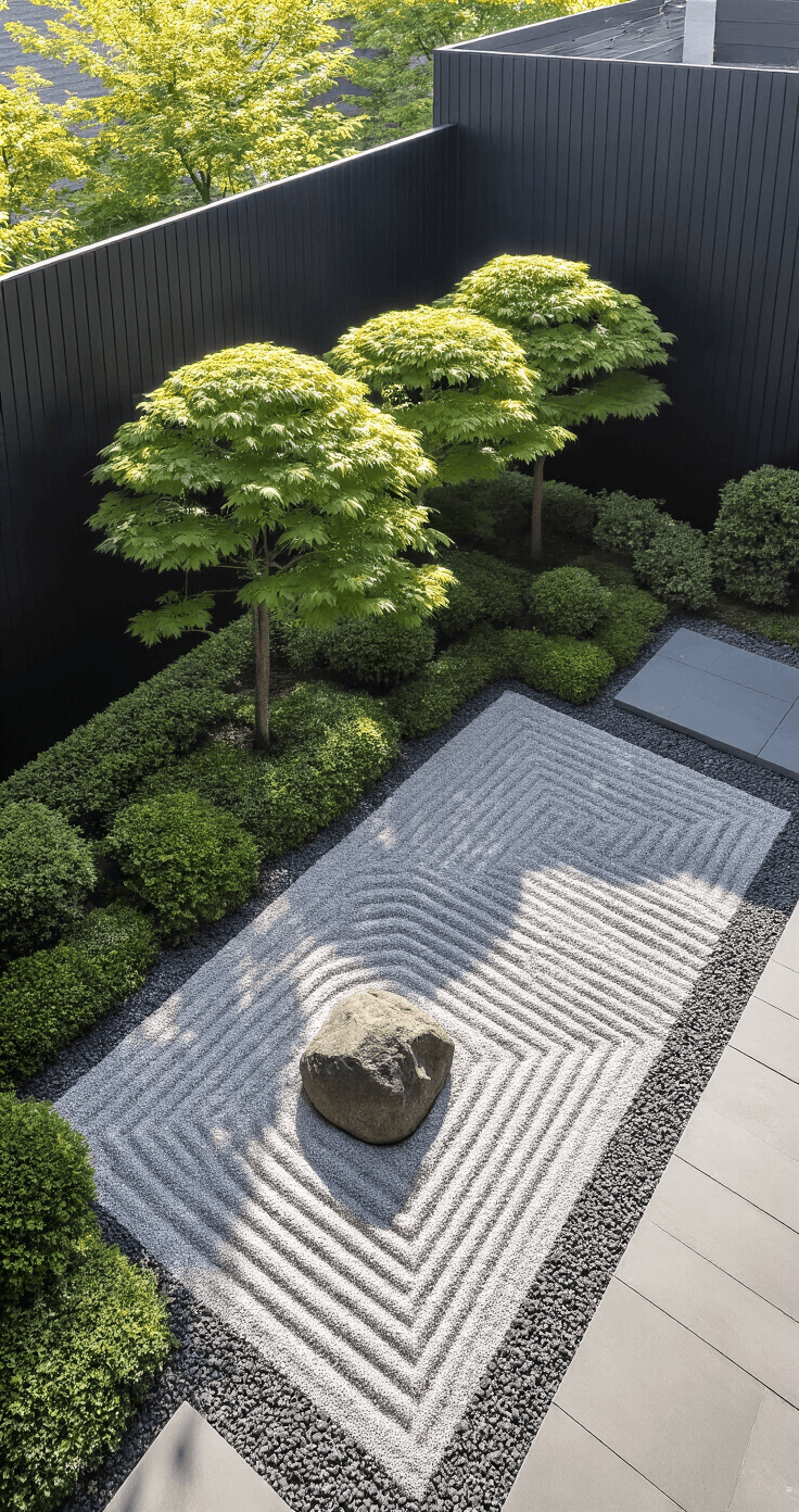 Aerial view of a minimalist Zen garden in a 25ft square courtyard, showcasing a sleek black steel fence, three cloud-pruned Japanese maples casting shadows, and grey crushed granite with strategically placed boulders, all illuminated by dramatic side lighting.