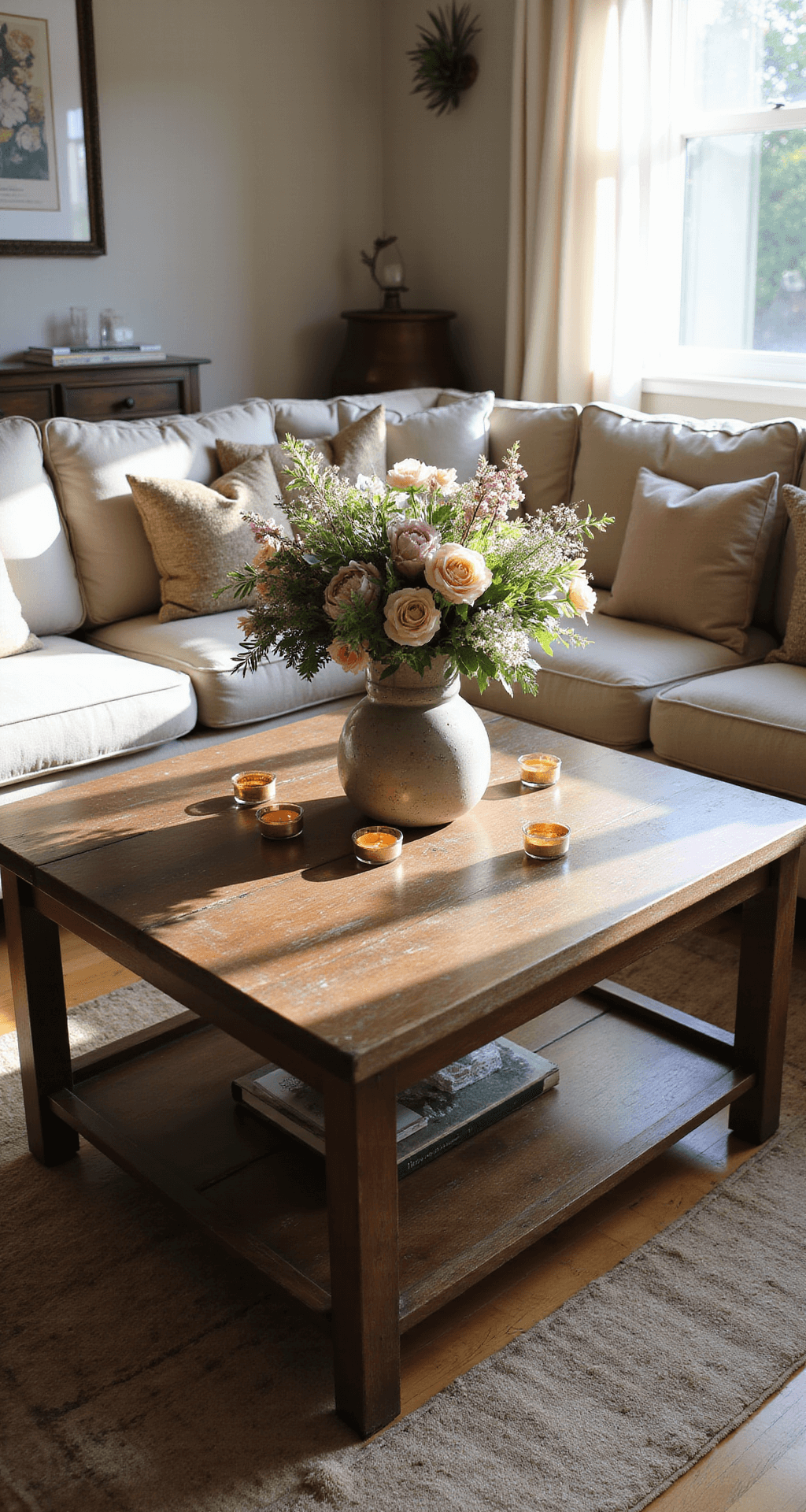 Cozy living room with soft afternoon sunlight, featuring a rustic wooden coffee table adorned with a pastel wildflower centerpiece in a ceramic vase, surrounded by tea lights; a plush beige sofa with earthy throw pillows, hardwood floors visible under a vintage-inspired area rug.
