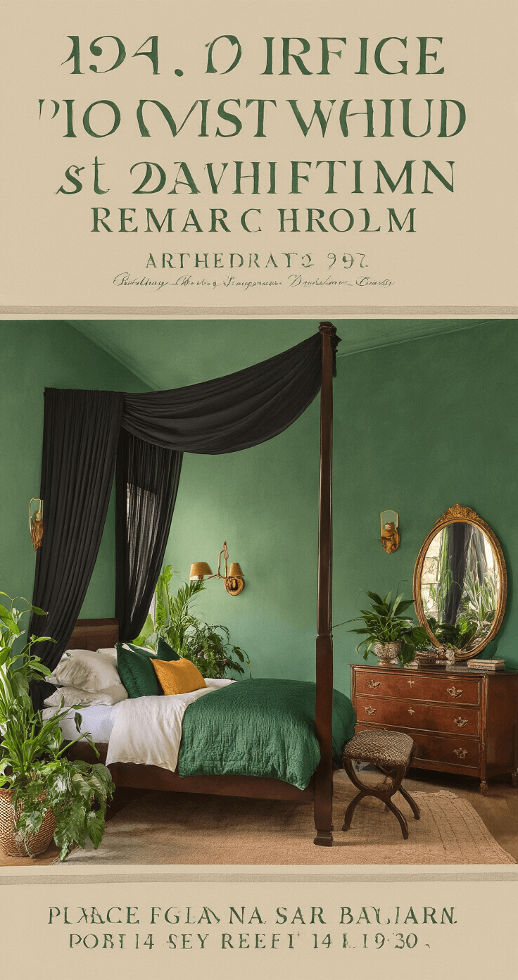 Aerial view of a cozy 12x12 ft bedroom at dawn, featuring forest green walls, a dark walnut four-poster bed with sheer black canopy, luxurious emerald and gold bedding, brass wall sconces, a vintage dresser with a round mirror, and lush potted plants in the corners, all bathed in soft, diffused natural light.