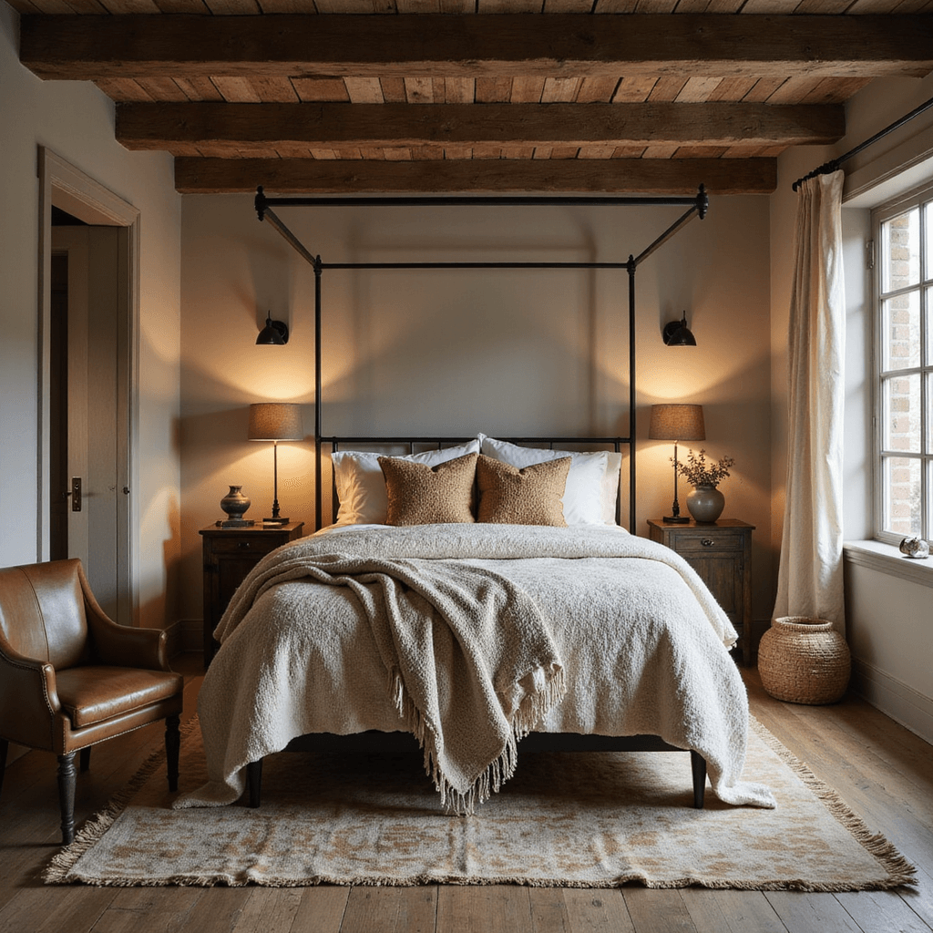 Beige Bedroom Ideas: Transform Your Space with Timeless Elegance A cozy 13x13ft rustic bedroom at dusk, featuring a rough-hewn beam ceiling and smooth putty beige walls. An iron canopy bed adorned with chunky knit throws and Belgian linen in ecru and wheat sits centrally. A vintage leather armchair and antique kilim rug in faded neutrals complete the scene, illuminated by warm pools of light from black iron sconces. Organic touches include woven baskets and earthenware vessels.