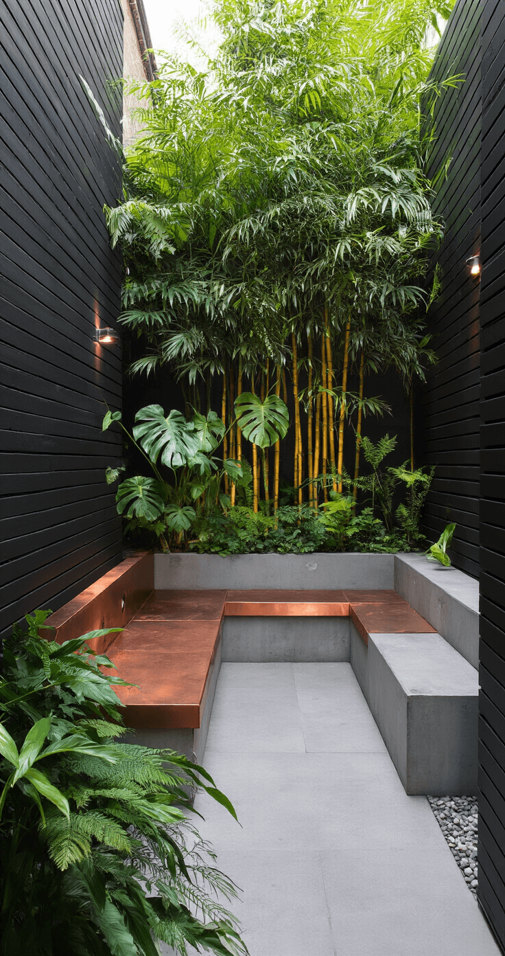 A small urban garden oasis featuring lush tropical plants like monstera and bamboo, enclosed by high black fencing. The scene includes an industrial concrete seating area with copper accents, captured in moody afternoon lighting with soft garden spotlights, creating an exotic and luxuriant atmosphere.