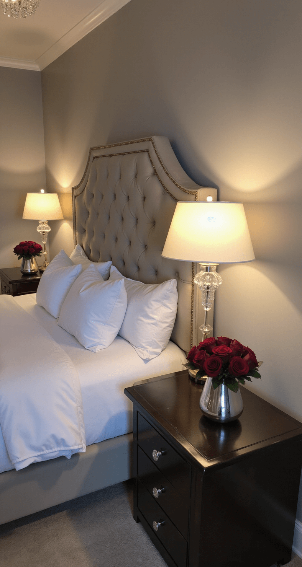 Elegant master bedroom with a king-size bed, crisp white linens, tufted headboard, and bedside lamps casting a warm glow at dusk. Small classic rose arrangements in sleek silver vases on nightstands feature deep burgundy roses, contrasting with a neutral palette of soft grays and creams. A crystal chandelier creates intricate shadows on the walls, emphasizing the room's symmetry and intimate ambiance.