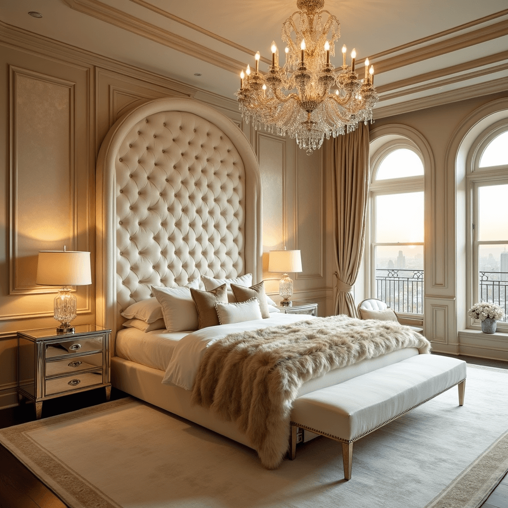 Beige Bedroom Ideas: Transform Your Space with Timeless Elegance An opulent beige boudoir at sunset featuring champagne silk wallpaper, a cream velvet channel-tufted bed wall, an ivory sateen king bed with fur throws and metallic pillows, a crystal chandelier casting light patterns, mirrored nightstands with mercury glass lamps, and a silk carpet with a champagne border, captured from an elevated position in golden hour lighting.