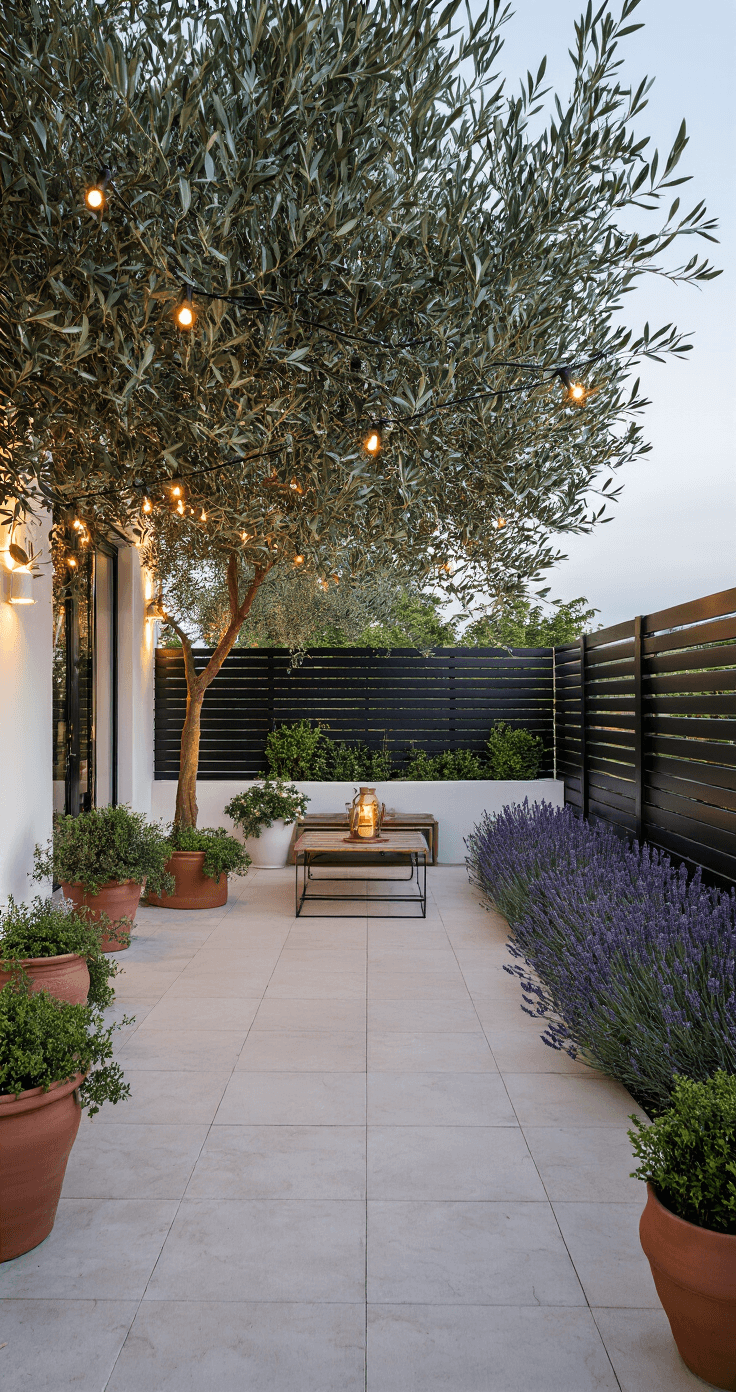 A tranquil Mediterranean terrace at dusk, featuring a spacious patio surrounded by a black aluminum slatted fence, silver-leaved olive trees, and lavender borders. The scene showcases whitewashed walls adorned with terracotta pots, illuminated by string lights that enhance the inviting atmosphere. The low camera angle captures the elegance of the vertical lines amidst mixed natural and artificial lighting.