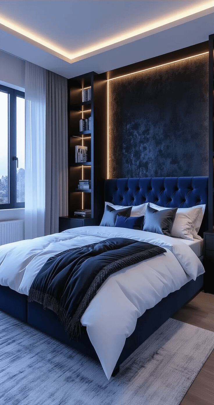 A cozy twilight bedroom measuring 10x18 ft, featuring floor-to-ceiling navy bookshelves, textured black wallpaper, a king-size bed with a tufted midnight blue headboard, crisp white bedding, and a sleek black desk beneath sheer gray curtains, all illuminated by soft LED strip lighting for a calming atmosphere.