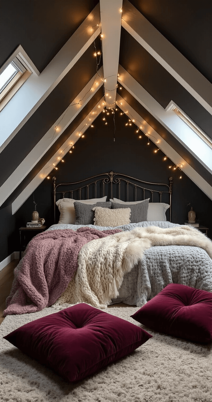 A cozy attic bedroom with sloped off-black ceilings, white-painted exposed beams, a wrought iron bed with layered blankets in cream, gray, and dusty rose, deep burgundy velvet floor pillows, and string lights, featuring a skylight showcasing the night sky, all captured from a low-angle perspective with warm golden lighting.