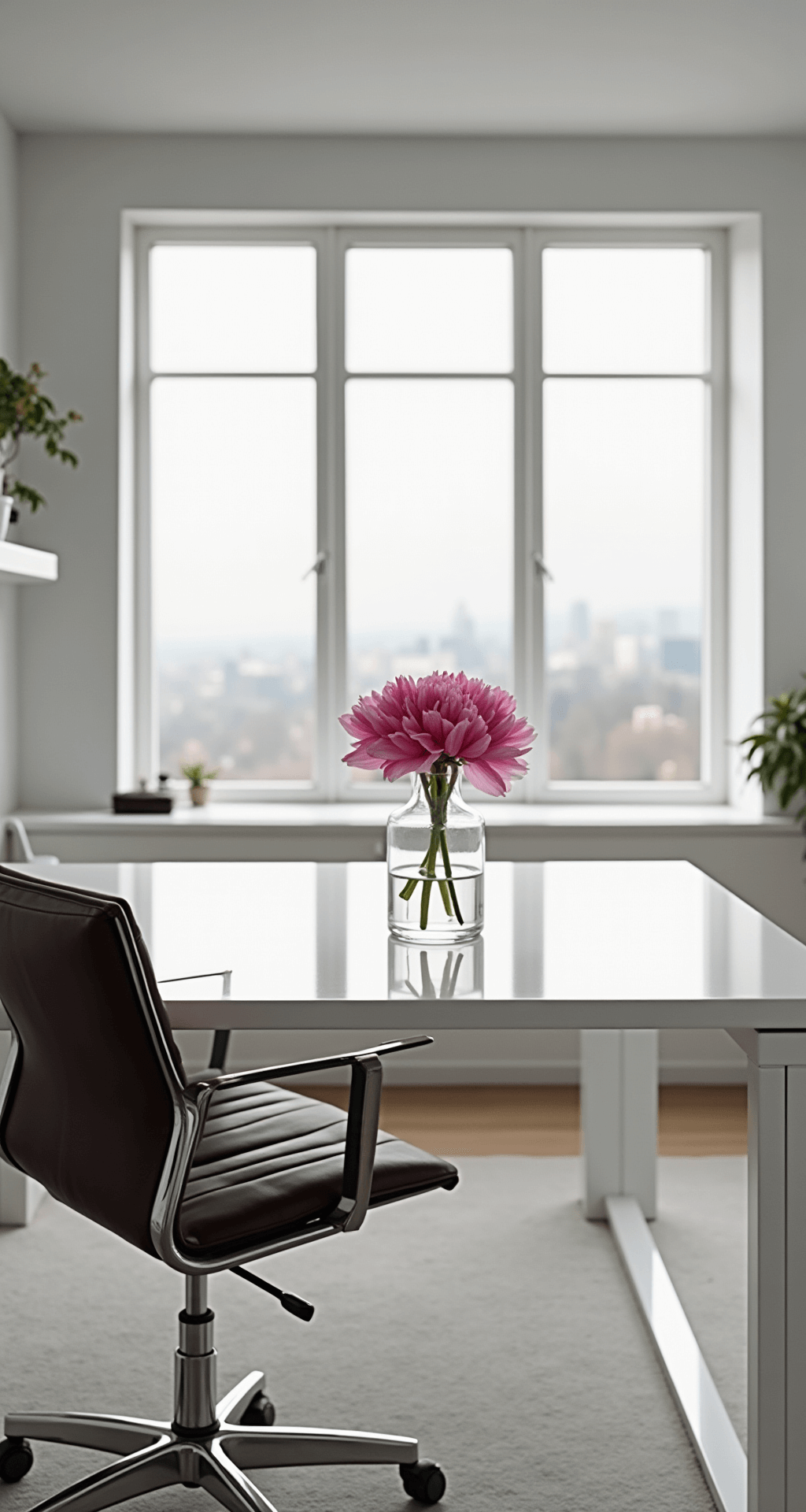 A minimalist home office with a modern white desk facing floor-to-ceiling windows, showcasing a cityscape. A vibrant pink peony in a clear glass vase contrasts with the monochromatic decor, accompanied by a sleek chair and floating shelves. The camera angle emphasizes the bloom against the city view.