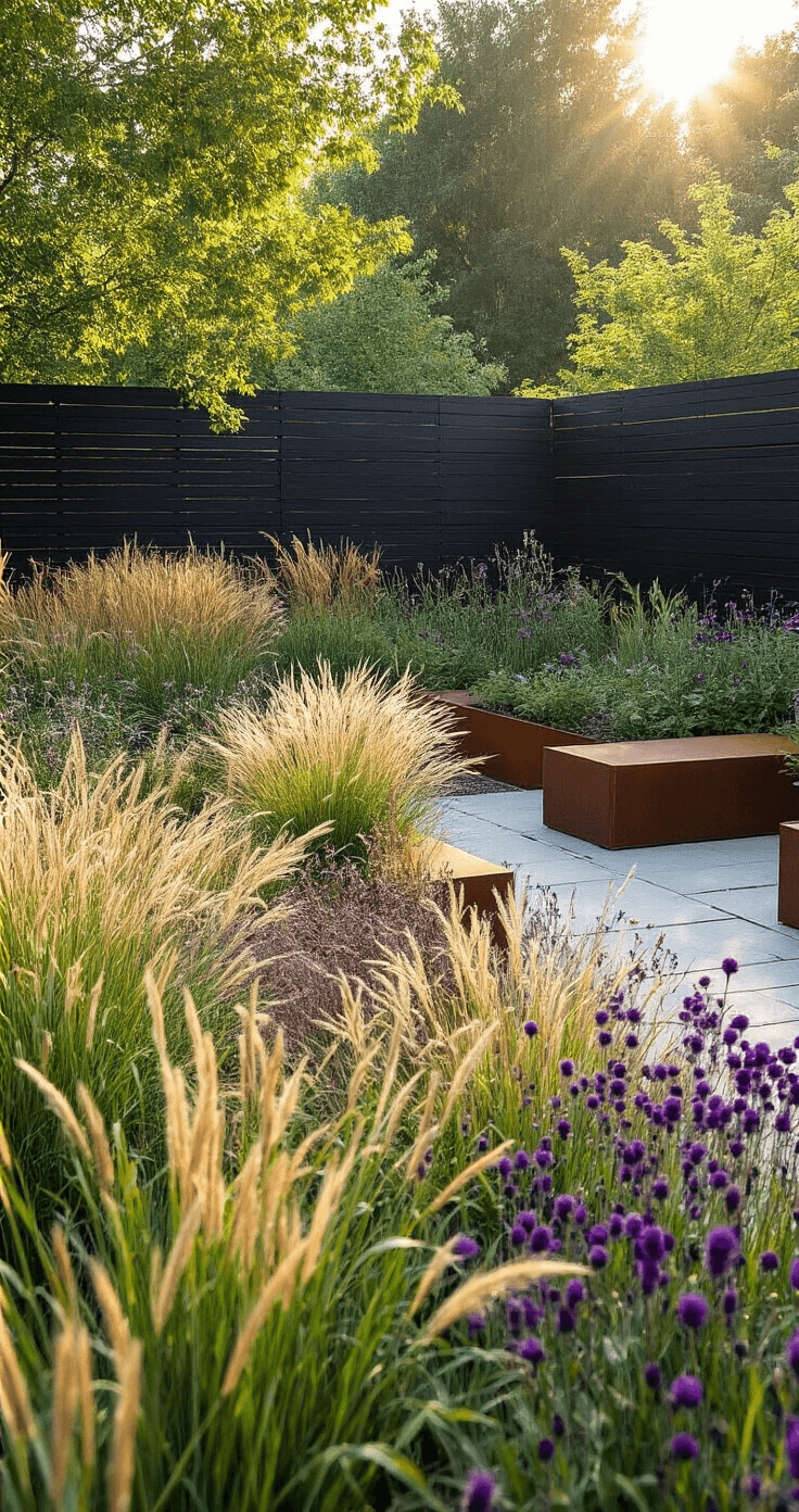 A contemporary prairie garden featuring sweeping grasses and bronze and purple perennials, framed by a black cedar fence. Cor-ten steel raised beds provide structure, captured from an elevated angle in mid-morning light with dynamic movement and subtle lens flare.