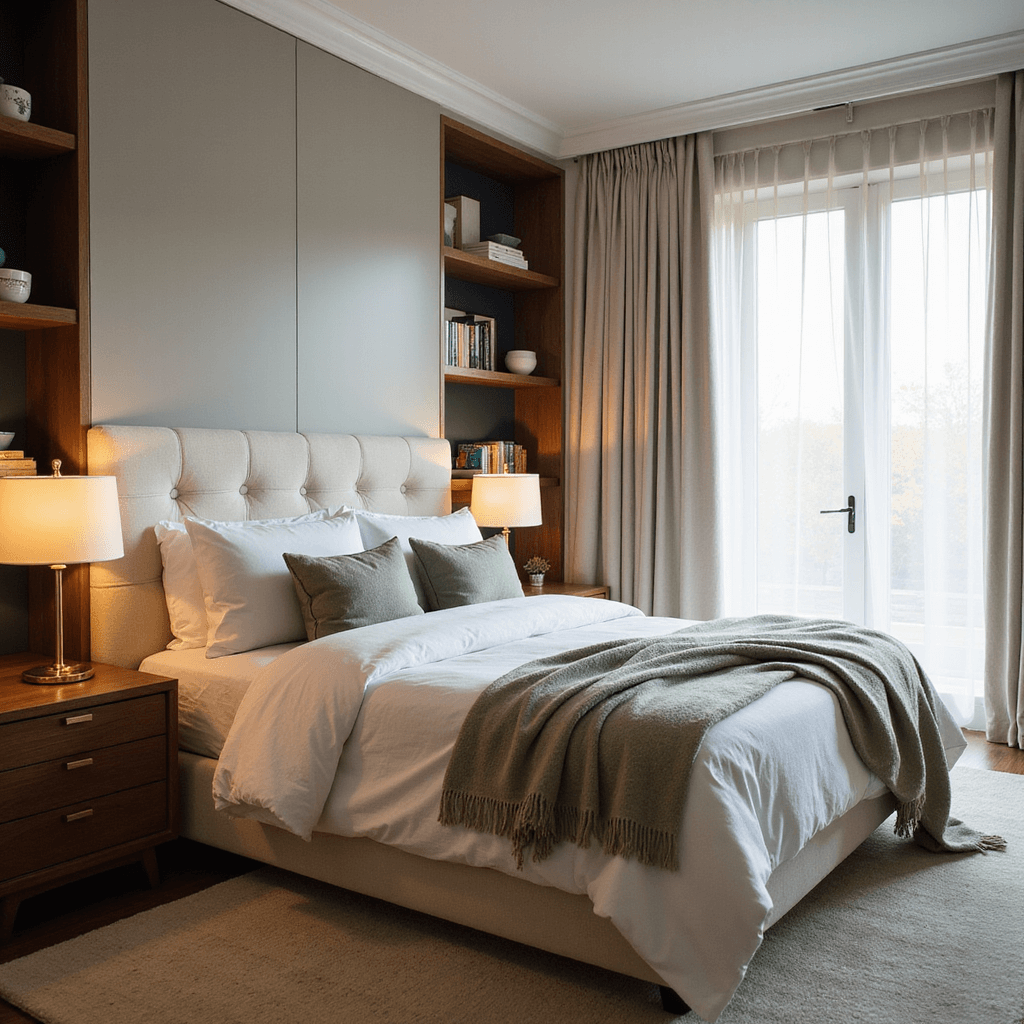 A serene main bedroom featuring a king-size bed with an ivory upholstered headboard, surrounded by natural light and soft textures, built-in wardrobes in dove grey, mid-century walnut bedside tables with brass lamps, and floating shelves adorned with art books and ceramics.