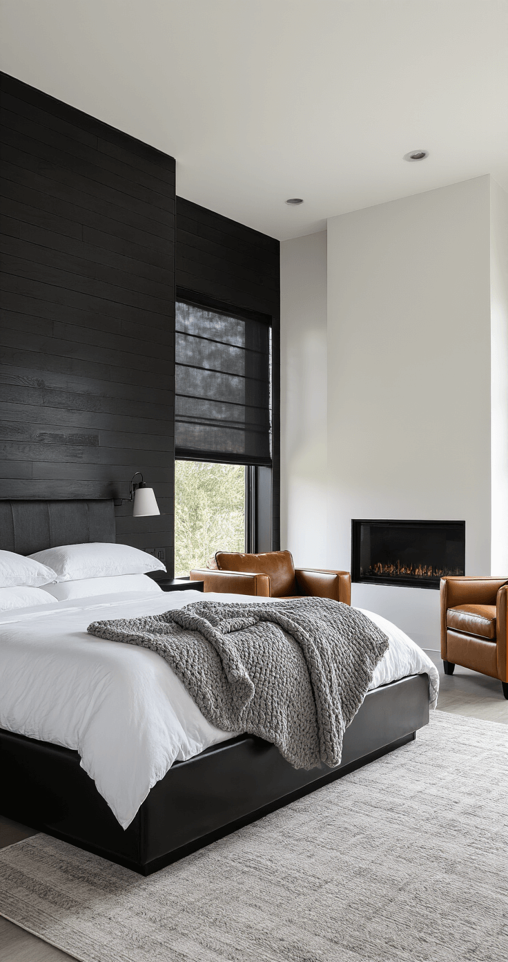 A modern primary bedroom featuring deep charcoal walls, a dark wood accent wall, and floor-to-ceiling windows with black sheer curtains. The California king platform bed in glossy black lacquer is adorned with white linens and a steel gray chunky knit throw. Two cognac brown leather armchairs face a sleek electric fireplace, all set on polished concrete floors. The scene is illuminated by bright natural light, casting dramatic shadows across the stylish space.