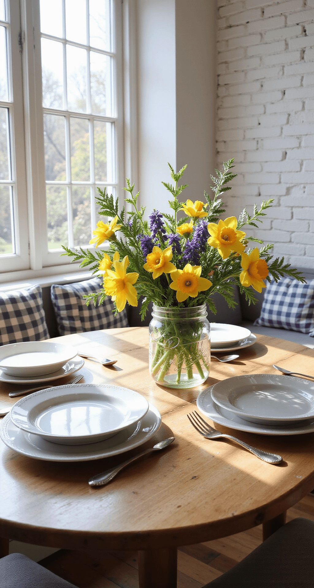 A sunny breakfast nook with a round farmhouse table set for two, featuring mismatched vintage china and a mason jar centerpiece overflowing with daffodils and hyacinths, against whitewashed brick walls and a cozy window seat with gingham cushions.