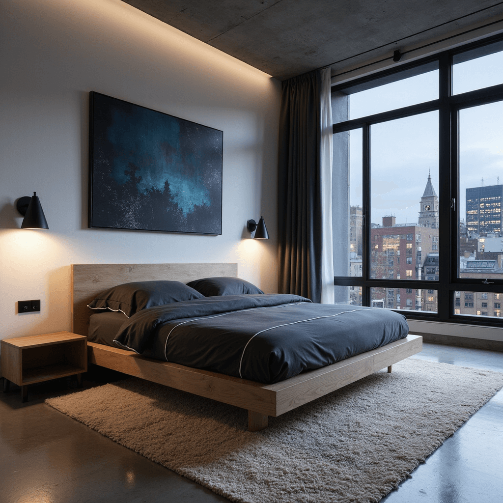An urban minimalist bedroom at twilight featuring polished concrete floors, a plush cream Moroccan rug, a bleached oak platform bed with charcoal linen bedding, and dramatic black wall sconces casting shadows on white walls. Floor-to-ceiling windows reveal city lights, and statement artwork in deep blues and metallics hangs above the bed, creating a moody and atmospheric ambiance.