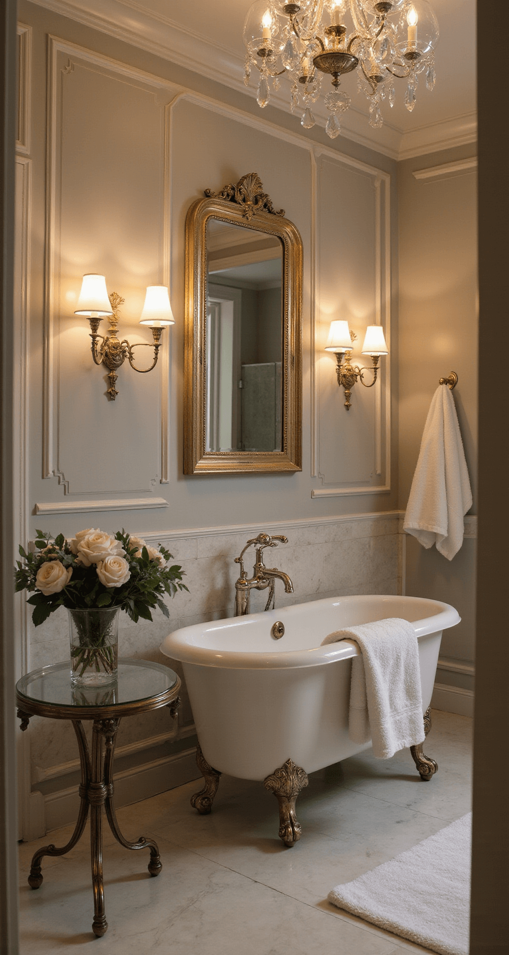 Luxurious master bathroom at twilight featuring a clawfoot tub, ornate mirror, warm sconces, marble tiles, crystal chandelier, and floral accents, captured from a low angle.