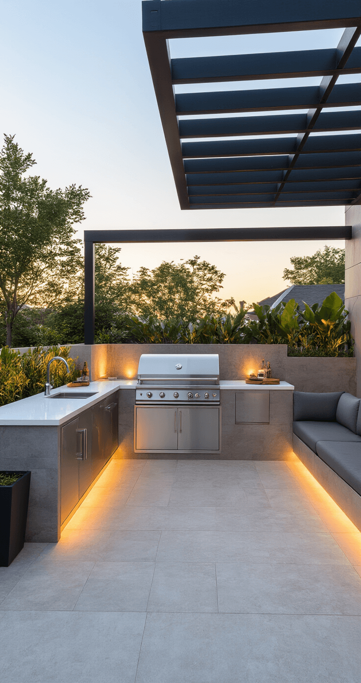 A modern garden terrace featuring a sleek stainless steel grill station with white quartz countertops, minimalist charcoal gray seating, and a matte black pergola, all illuminated by warm golden hour light and strategic LED uplighting, captured at a 45-degree angle.