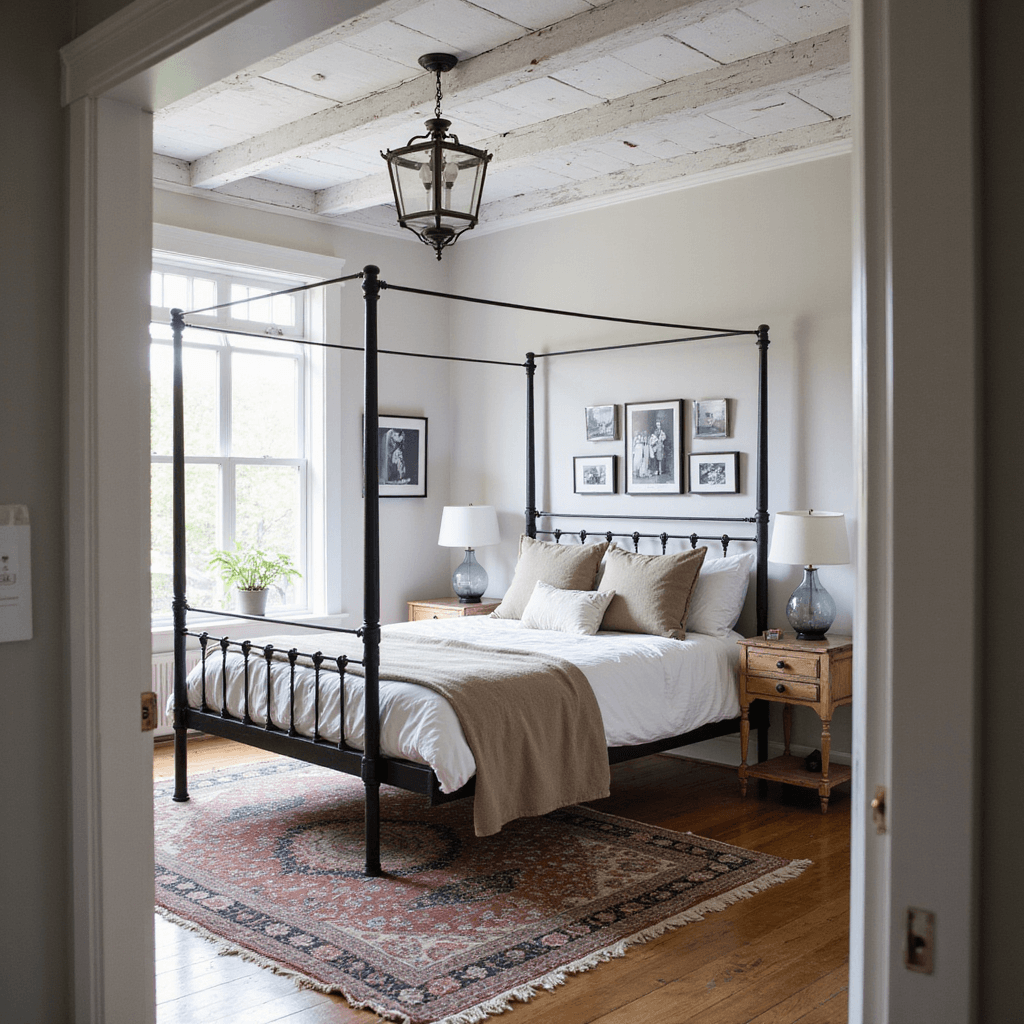 Cozy modern farmhouse bedroom featuring a canopy bed with layered linens, rustic white-washed ceiling beams, vintage chandelier, distressed wooden side tables with glass lamps, and a gallery wall of black and white photos, captured in soft morning light from the doorway.
