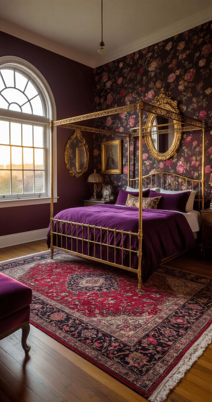 A luxurious 14x14 ft bedroom featuring aubergine walls and dark floral wallpaper, with a brass canopy bed dressed in jewel-toned fabrics, an antique Persian rug, an arched mirror reflecting sunset light, and eclectic art adorning the walls.