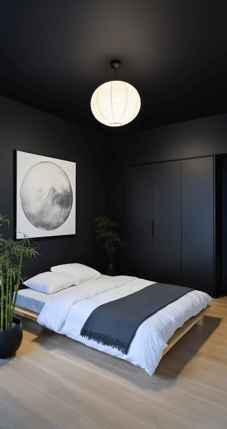A minimalist black bedroom at midnight features a low Japanese futon bed with white linens, a charcoal throw blanket, and a large circular paper lantern. The space includes a sleek black wardrobe, an abstract painting in white and gray, and potted bamboo in a black planter. The scene is enhanced by blue-tinted nighttime lighting, captured from an elevated wide-angle perspective.