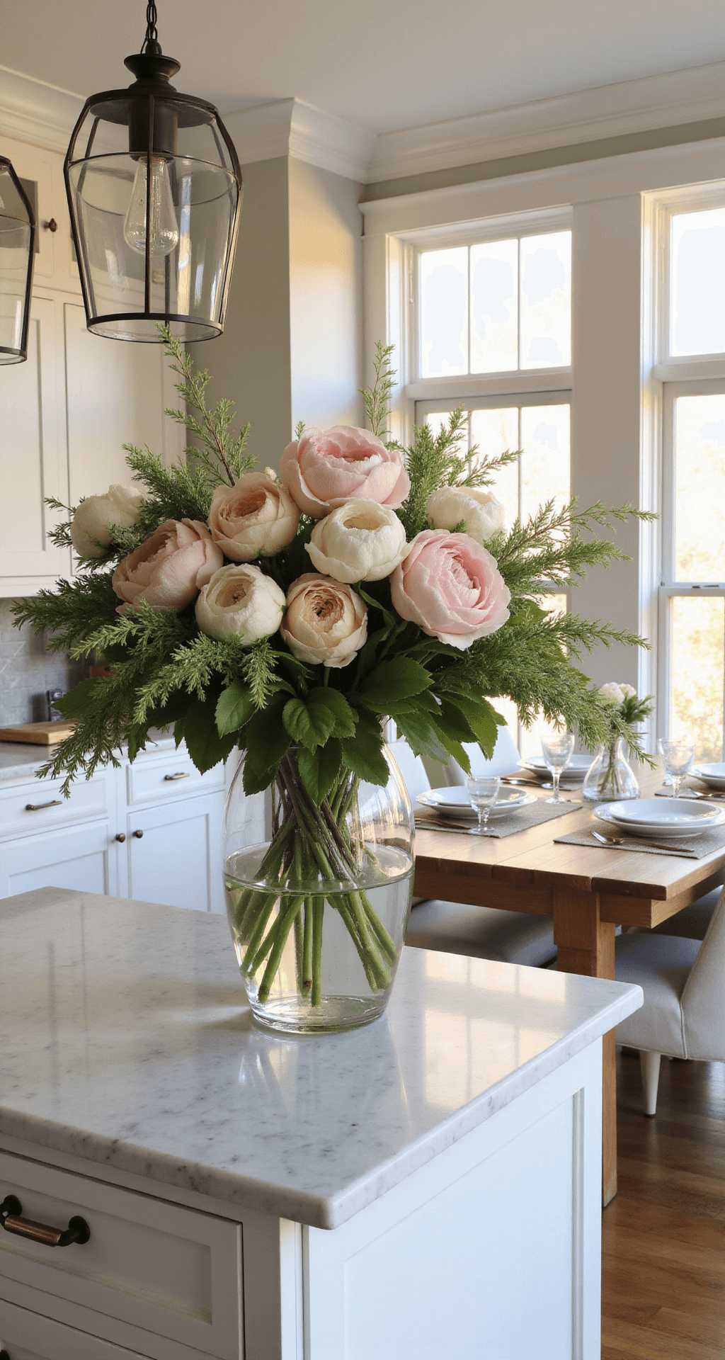 An airy, open-concept kitchen and dining area filled with golden hour light, featuring a kitchen island with an oversized faux flower arrangement in a modern vase, surrounded by pendant lights and a farmhouse dining table in the background.