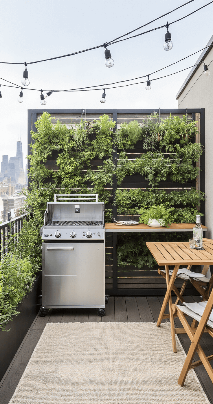 A compact urban balcony featuring a wall-mounted foldable BBQ in brushed steel, flanked by vertical herb gardens, with a Murphy-style drop-leaf teak table. Industrial-style string lights overhead and a charcoal and ivory outdoor rug define the intimate space, captured in mid-morning light.