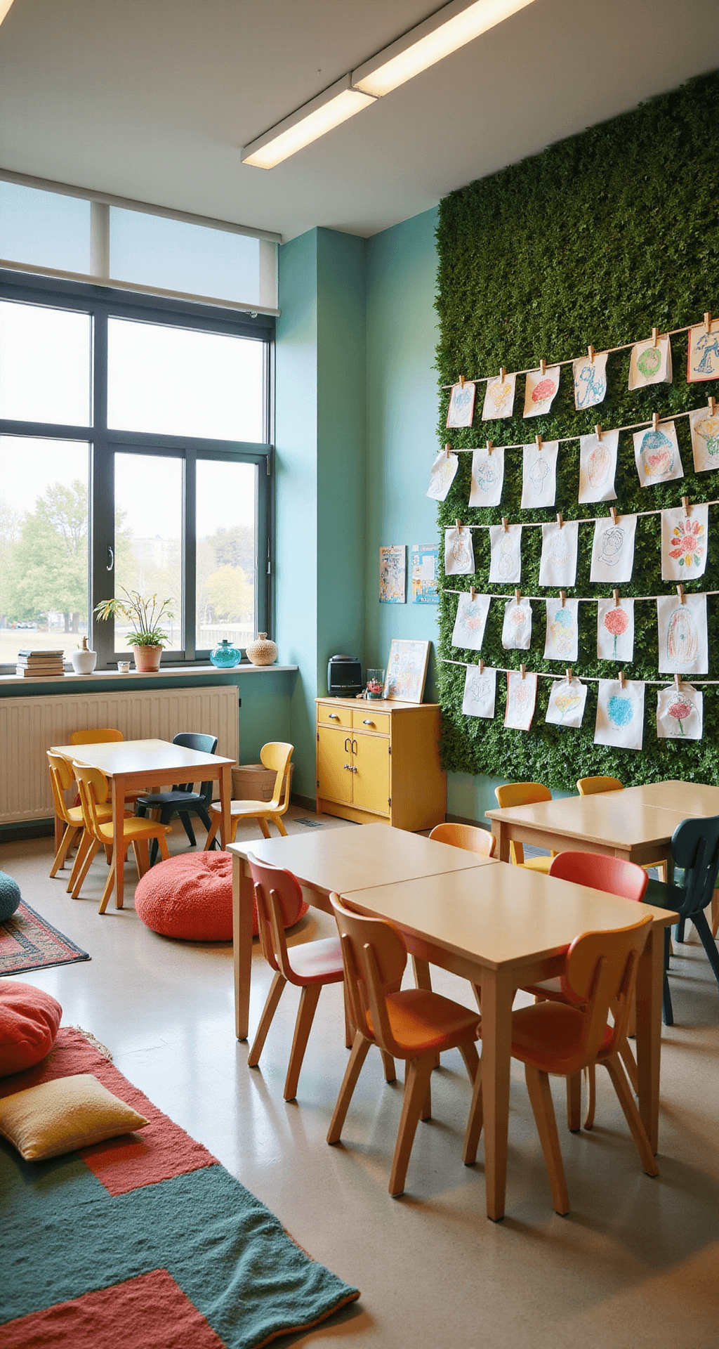 A bright, airy classroom with large windows, featuring a dynamic student artwork display on the main wall, desks in small groups, and a cozy reading nook with bean bags, all in a vibrant color palette of teal, yellow, and coral, captured at child's eye level.