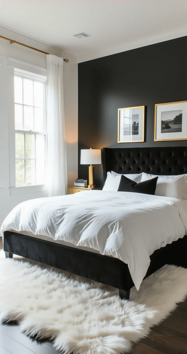 A spacious bedroom featuring a king-size bed with a tufted black velvet headboard, illuminated by morning light through sheer white curtains. The room includes a matte black accent wall, brass bedside lamps, a gold-framed floor mirror, and black and white photography, all set against dark hardwood floors and a white faux fur rug.